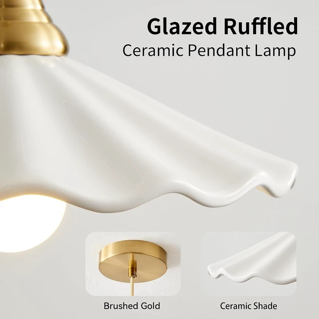 Alt view image 6 of 7 - White Scalloped Ceramic Pendant Light, Vintage Kitchen Island Light Fixture