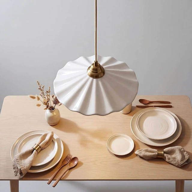 Alt view image 7 of 7 - White Scalloped Ceramic Pendant Light, Vintage Kitchen Island Light Fixture