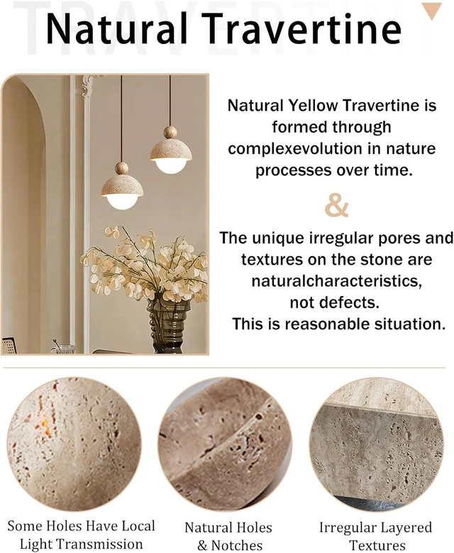 Alt view image 7 of 7 - Spherical Wabi Sabi Pendant Light, Natural Travertine Pendant Light, 1Pcs