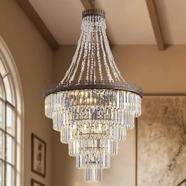 Main image of French Empire Vintage Crystal Staircase Chandelier, Antique Bronze High Ceiling Chandelier for Foyer Entryway Hallway Entrance Living Room, Foyer Lighting Fixtures, 28" W x 48" H