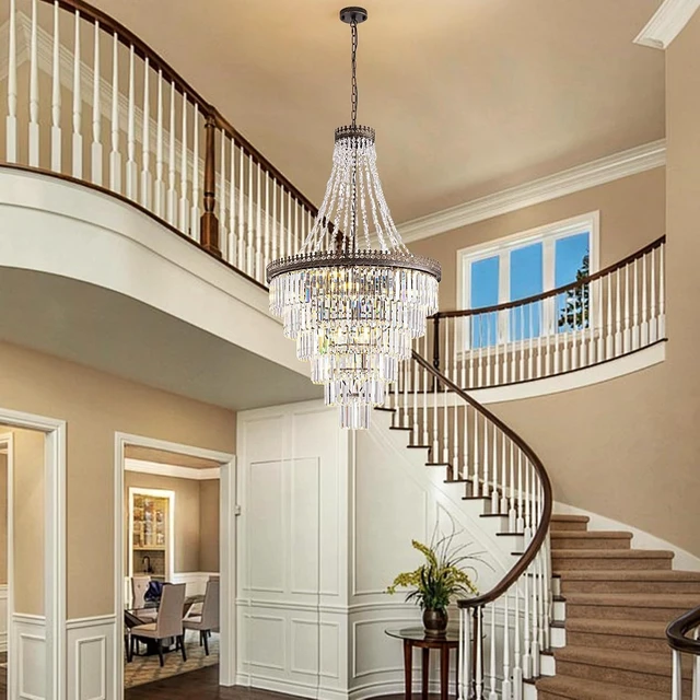 Alt view image 2 of 7 - French Empire Vintage Crystal Staircase Chandelier, Antique Bronze High Ceiling Chandelier for Foyer Entryway Hallway Entrance Living Room, Foyer Lighting Fixtures, 28" W x 48" H