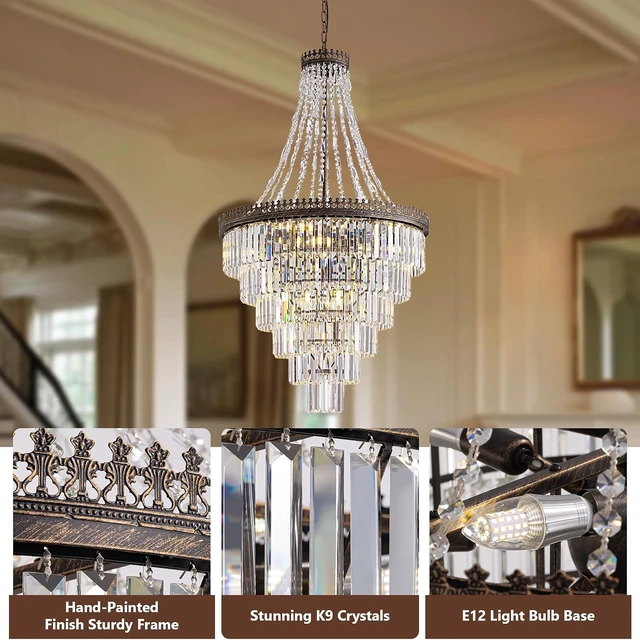 Alt view image 4 of 7 - French Empire Vintage Crystal Staircase Chandelier, Antique Bronze High Ceiling Chandelier for Foyer Entryway Hallway Entrance Living Room, Foyer Lighting Fixtures, 28" W x 48" H