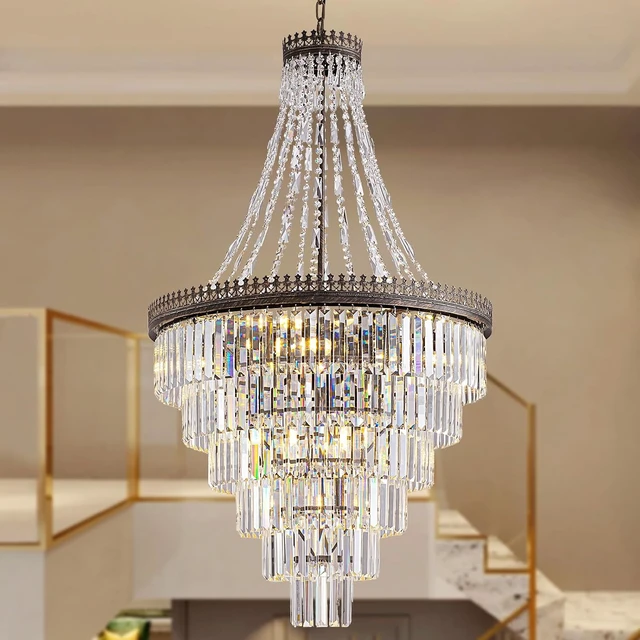 Alt view image 7 of 7 - French Empire Vintage Crystal Staircase Chandelier, Antique Bronze High Ceiling Chandelier for Foyer Entryway Hallway Entrance Living Room, Foyer Lighting Fixtures, 28" W x 48" H