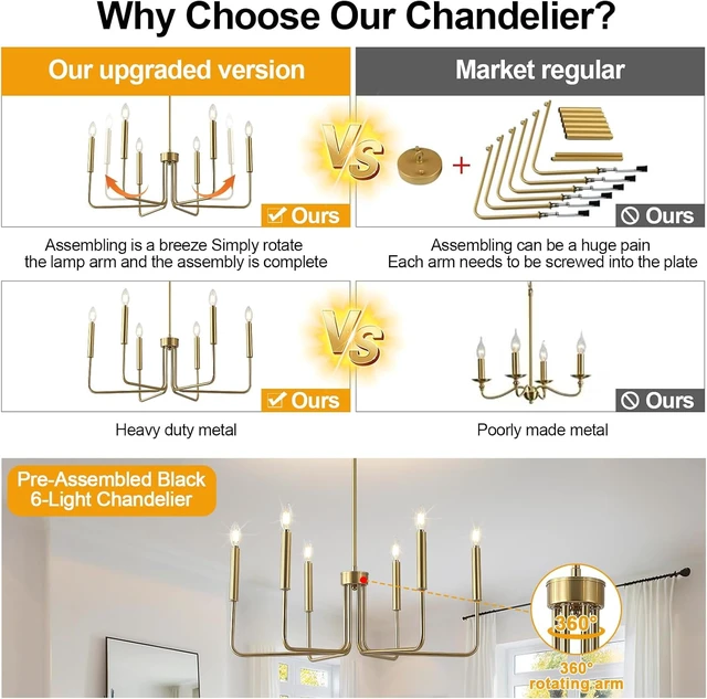 Alt view image 3 of 7 - Brushed Gold Chandelier for Dining Room,6-Light Dining Room Light Industrial Modern Style Pendant Lamps, Bedrooms, Foyers, Corridors, Kitchens, Living RoomsEntrances (Brushed Gold)