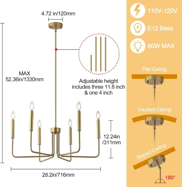 Alt view image 5 of 7 - Brushed Gold Chandelier for Dining Room,6-Light Dining Room Light Industrial Modern Style Pendant Lamps, Bedrooms, Foyers, Corridors, Kitchens, Living RoomsEntrances (Brushed Gold)