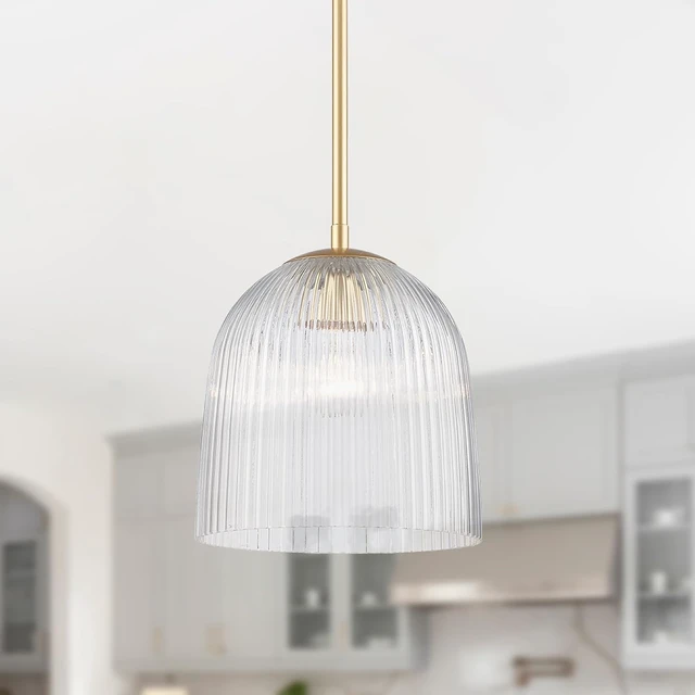Alt view image 4 of 7 - Glasia Pendant Light, Gold Finish with Clear Ribbed Glass, Modern Hanging Light Fixture, Adjustable Height, E26 Base, 60W, Dimmable, Elegant Ceiling Light for Kitchen Island, Dining Room, or Entryway