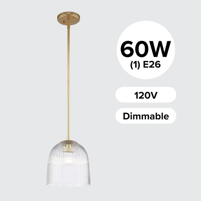 Alt view image 5 of 7 - Glasia Pendant Light, Gold Finish with Clear Ribbed Glass, Modern Hanging Light Fixture, Adjustable Height, E26 Base, 60W, Dimmable, Elegant Ceiling Light for Kitchen Island, Dining Room, or Entryway