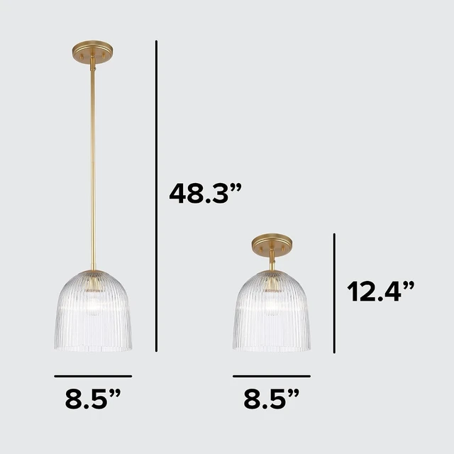 Alt view image 3 of 7 - Glasia Pendant Light, Gold Finish with Clear Ribbed Glass, Modern Hanging Light Fixture, Adjustable Height, E26 Base, 60W, Dimmable, Elegant Ceiling Light for Kitchen Island, Dining Room, or Entryway