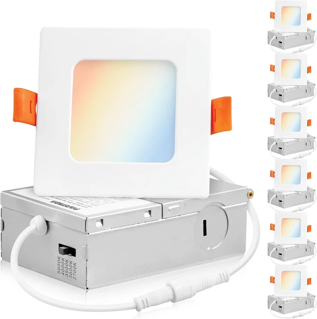 Main image of PARMIDA (6 Pack) 3 Inch Square 5CCT Ultra-Thin LED Recessed Lighting with Junction Box, 2700K/3000K/3500K/4000K/5000K 5 Color Selectable, 8W, Dimmable, Canless Wafer Slim Panel Lights, IC Rated, ETL