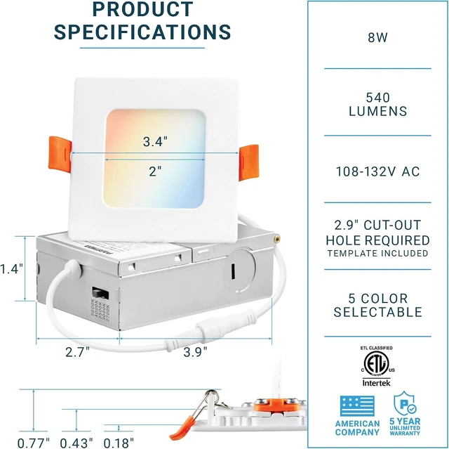 Alt view image 2 of 7 - PARMIDA (6 Pack) 3 Inch Square 5CCT Ultra-Thin LED Recessed Lighting with Junction Box, 2700K/3000K/3500K/4000K/5000K 5 Color Selectable, 8W, Dimmable, Canless Wafer Slim Panel Lights, IC Rated, ETL