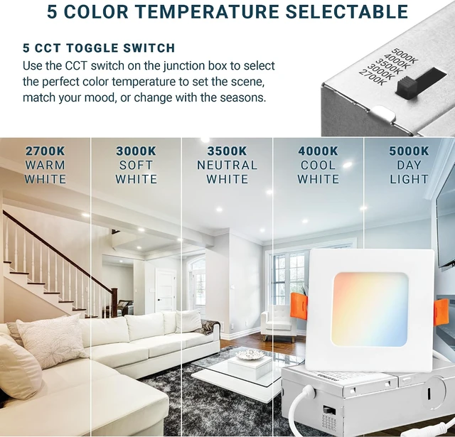 Alt view image 3 of 7 - PARMIDA (6 Pack) 3 Inch Square 5CCT Ultra-Thin LED Recessed Lighting with Junction Box, 2700K/3000K/3500K/4000K/5000K 5 Color Selectable, 8W, Dimmable, Canless Wafer Slim Panel Lights, IC Rated, ETL