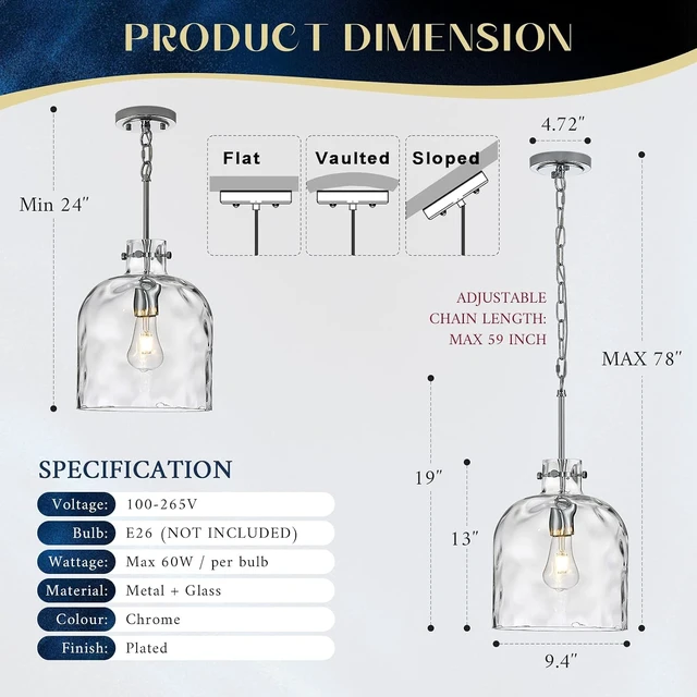 Alt view image 2 of 7 - Chrome Hammered Glass Pendant Light, 10-Inch Dome, E26