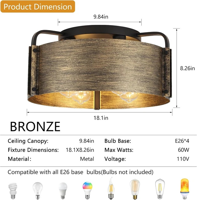 Alt view image 2 of 7 - Flush Mount Ceiling Light, 4-Light Farmhouse Semi Flush Mount Light Fixture Metal Rustic Bronze Finish Ceiling Lights for Living Room Kitchen Island Dining Room, E26 Base(Not Included Blub)