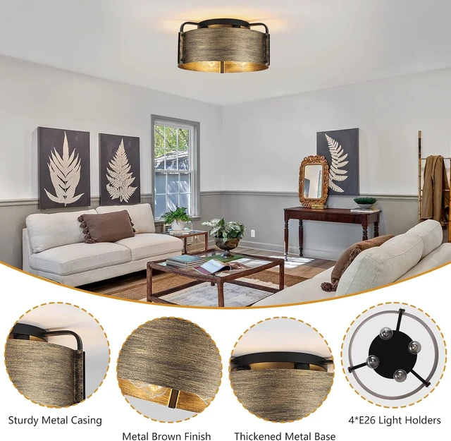 Alt view image 3 of 7 - Flush Mount Ceiling Light, 4-Light Farmhouse Semi Flush Mount Light Fixture Metal Rustic Bronze Finish Ceiling Lights for Living Room Kitchen Island Dining Room, E26 Base(Not Included Blub)