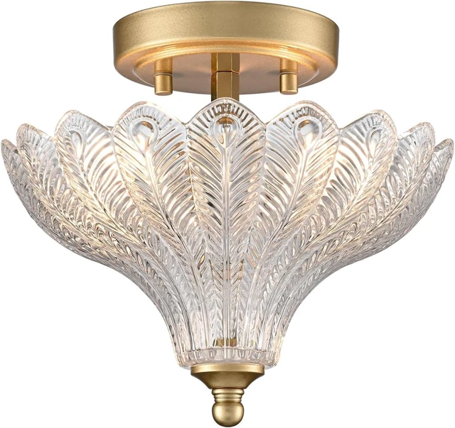Main image of CLAXY 2-Light Gold Ceiling Light with Clear Peacock Feather Glass Shade