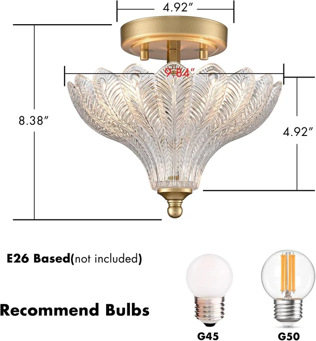 Alt view image 4 of 7 - CLAXY 2-Light Gold Ceiling Light with Clear Peacock Feather Glass Shade