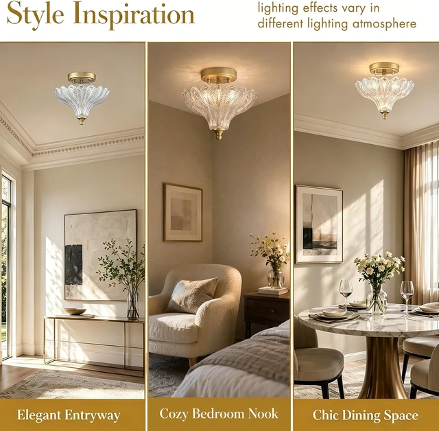 Alt view image 6 of 7 - CLAXY 2-Light Gold Ceiling Light with Clear Peacock Feather Glass Shade