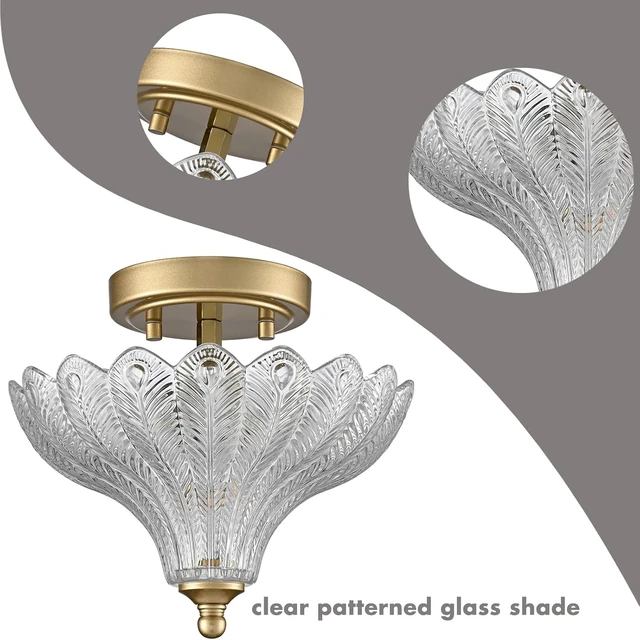 Alt view image 2 of 7 - CLAXY 2-Light Gold Ceiling Light with Clear Peacock Feather Glass Shade