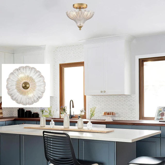 Alt view image 5 of 7 - CLAXY 2-Light Gold Ceiling Light with Clear Peacock Feather Glass Shade