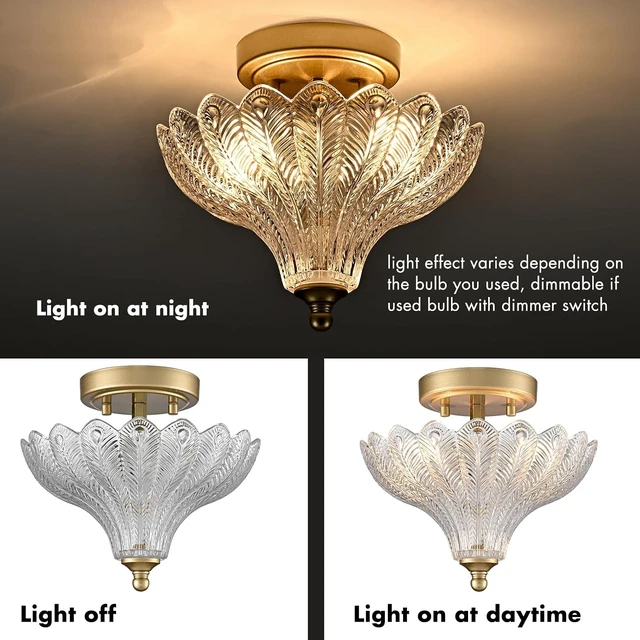 Alt view image 3 of 7 - CLAXY 2-Light Gold Ceiling Light with Clear Peacock Feather Glass Shade