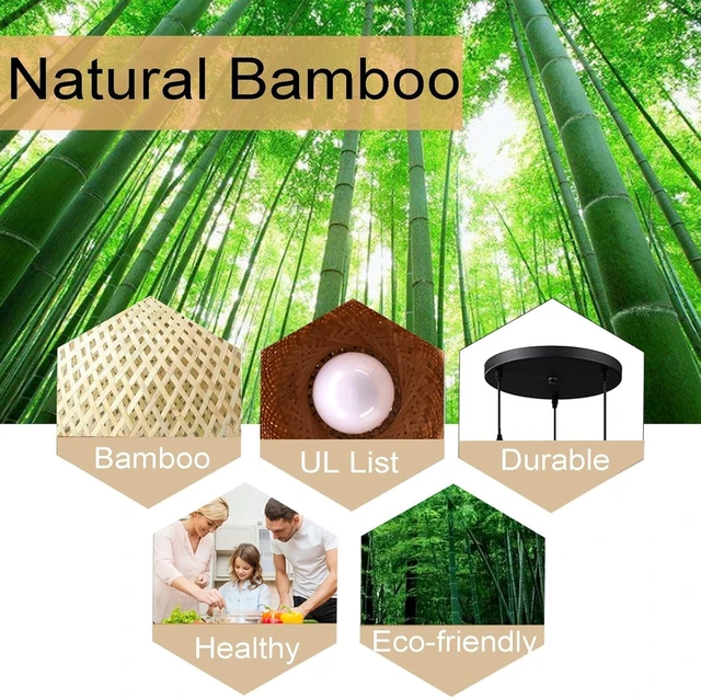 Alt view image 5 of 7 - Bamboo Pendant Light, 3 Headlights Retro Japanese Style E27 Natural Bamboo Chandelier Hanging Light Ceiling Lighting Fixture for Living Room Bedroom Restaurant Cafe Teahouse Bar Dining Room Club