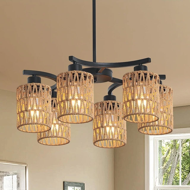 Main image of 21" 6-Light Boho Rattan Farmhouse Chandelier for Dining Room
