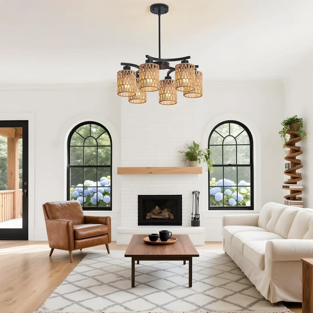 Alt view image 2 of 7 - 21" 6-Light Boho Rattan Farmhouse Chandelier for Dining Room