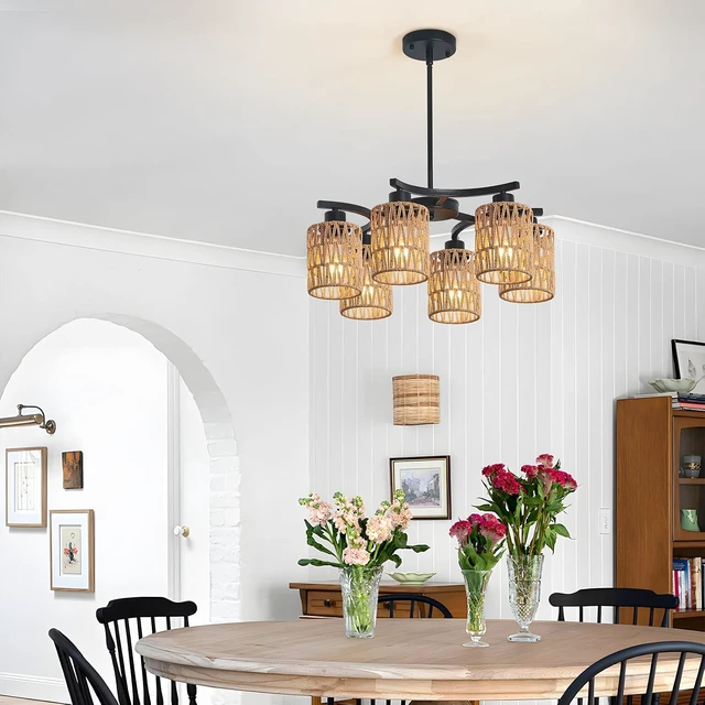 Alt view image 7 of 7 - 21" 6-Light Boho Rattan Farmhouse Chandelier for Dining Room