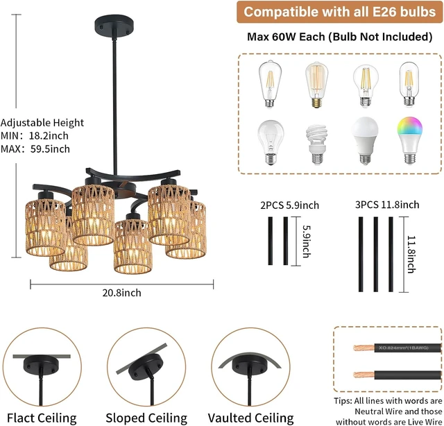 Alt view image 4 of 7 - 21" 6-Light Boho Rattan Farmhouse Chandelier for Dining Room