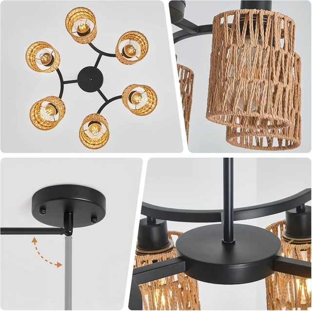 Alt view image 6 of 7 - 21" 6-Light Boho Rattan Farmhouse Chandelier for Dining Room