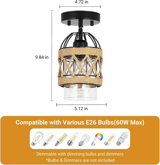 Alt view image 2 of 7 - 3 Pack Black Farmhouse Boho Semi Flush Mount Ceiling Light Fixtures,Hand-Woven Rattan Ceiling Light with Clear Glass Shade for Kitchen, Dining Room, Entryway, Bedroom Small Ceiling Lamp