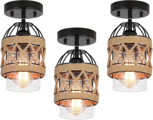 Main image of 3 Pack Black Farmhouse Boho Semi Flush Mount Ceiling Light Fixtures,Hand-Woven Rattan Ceiling Light with Clear Glass Shade for Kitchen, Dining Room, Entryway, Bedroom Small Ceiling Lamp