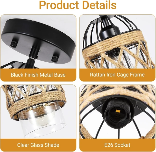 Alt view image 3 of 7 - 3 Pack Black Farmhouse Boho Semi Flush Mount Ceiling Light Fixtures,Hand-Woven Rattan Ceiling Light with Clear Glass Shade for Kitchen, Dining Room, Entryway, Bedroom Small Ceiling Lamp