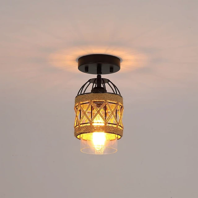 Alt view image 5 of 7 - 3 Pack Black Farmhouse Boho Semi Flush Mount Ceiling Light Fixtures,Hand-Woven Rattan Ceiling Light with Clear Glass Shade for Kitchen, Dining Room, Entryway, Bedroom Small Ceiling Lamp
