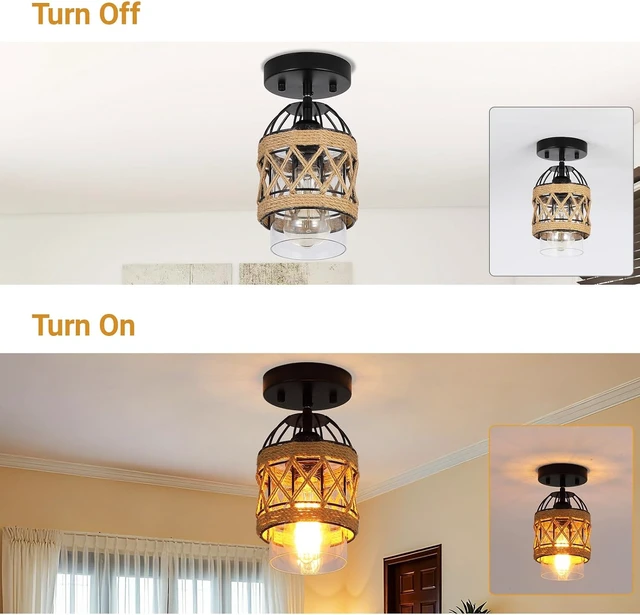 Alt view image 4 of 7 - 3 Pack Black Farmhouse Boho Semi Flush Mount Ceiling Light Fixtures,Hand-Woven Rattan Ceiling Light with Clear Glass Shade for Kitchen, Dining Room, Entryway, Bedroom Small Ceiling Lamp