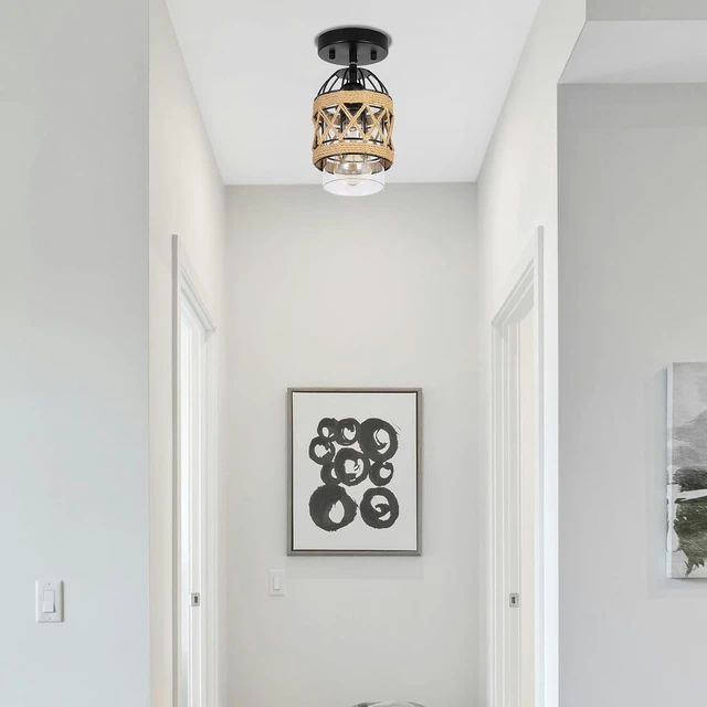 Alt view image 7 of 7 - 3 Pack Black Farmhouse Boho Semi Flush Mount Ceiling Light Fixtures,Hand-Woven Rattan Ceiling Light with Clear Glass Shade for Kitchen, Dining Room, Entryway, Bedroom Small Ceiling Lamp