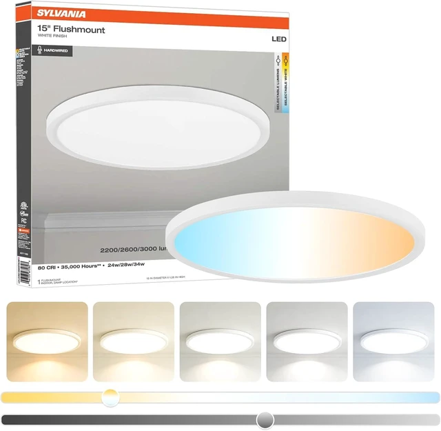 Main image of Sylvania 15" Dual Selectable Slim Ceiling Light Fixture, 24W/28W/32W, 2200/2600/3000 LMS, 5 Color Selectable (2700/3000 / 3500/4000 / 5000K), Dimmable, White Finish - 1 Pack (67282)