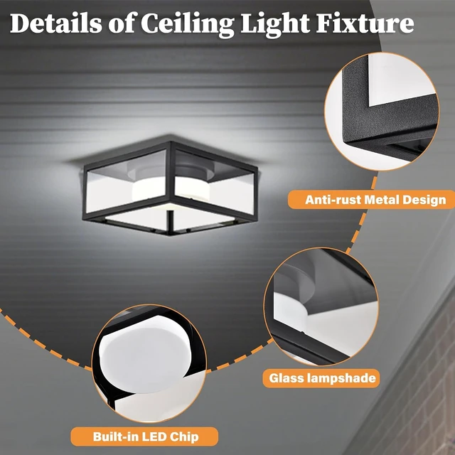 Alt view image 4 of 7 - LED Square Outdoor Flush Mount Ceiling Light, 11.4 Black Porch Light