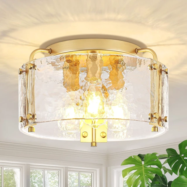 Main image of Modern Gold Semi Flush Mount Ceiling Light Hammered Glass Light Fixture