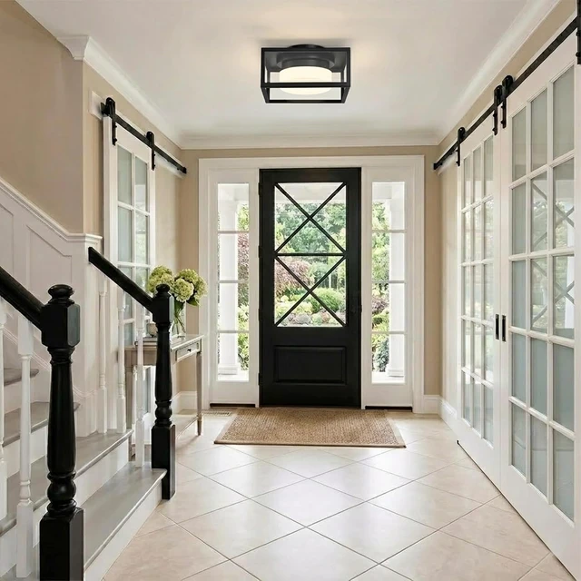 Alt view image 7 of 7 - LED Square Outdoor Flush Mount Ceiling Light, 11.4 Black Porch Light
