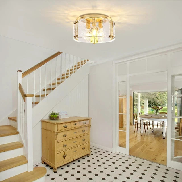 Alt view image 2 of 7 - Modern Gold Semi Flush Mount Ceiling Light Hammered Glass Light Fixture