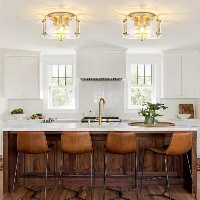 Alt view image 3 of 7 - Modern Gold Semi Flush Mount Ceiling Light Hammered Glass Light Fixture