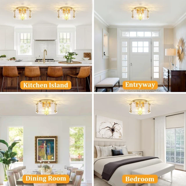 Alt view image 6 of 7 - Modern Gold Semi Flush Mount Ceiling Light Hammered Glass Light Fixture