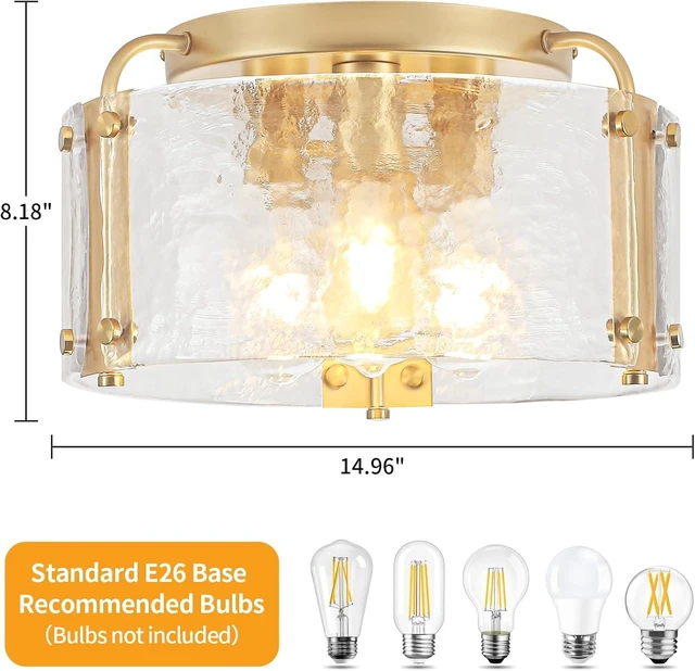 Alt view image 5 of 7 - Modern Gold Semi Flush Mount Ceiling Light Hammered Glass Light Fixture