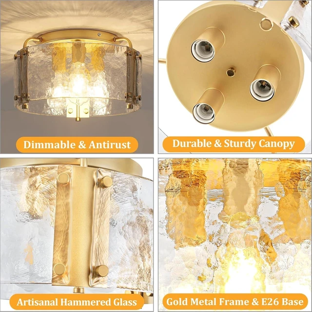 Alt view image 4 of 7 - Modern Gold Semi Flush Mount Ceiling Light Hammered Glass Light Fixture