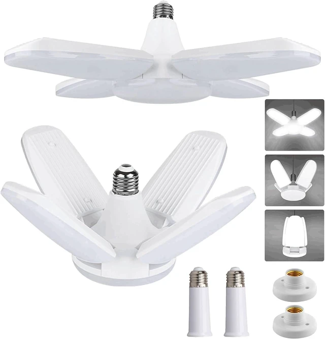 Main image of Yiliaw LED Garage Light 2 Pack 60W 6000LM Shop Lights with 2 Lamp Holder & 2 Socket Extender, 6500K Daylight Deformable Ceiling Light Fixture, Screw in Garage Lights for Basement Warehouse Office
