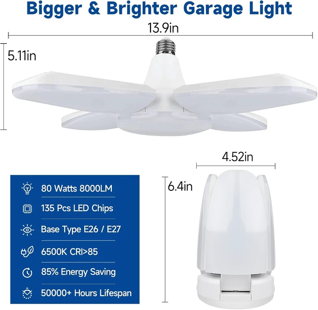 Alt view image 2 of 7 - Yiliaw LED Garage Light 2 Pack 60W 6000LM Shop Lights with 2 Lamp Holder & 2 Socket Extender, 6500K Daylight Deformable Ceiling Light Fixture, Screw in Garage Lights for Basement Warehouse Office
