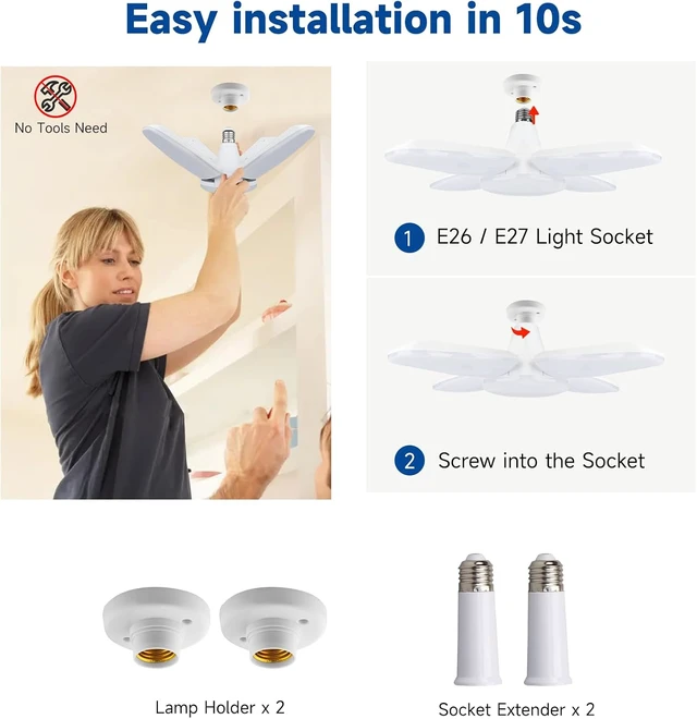 Alt view image 3 of 7 - Yiliaw LED Garage Light 2 Pack 60W 6000LM Shop Lights with 2 Lamp Holder & 2 Socket Extender, 6500K Daylight Deformable Ceiling Light Fixture, Screw in Garage Lights for Basement Warehouse Office