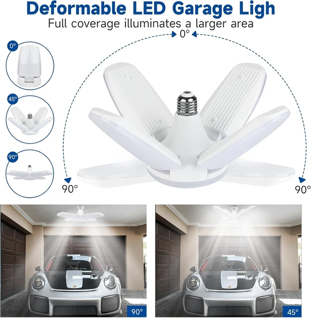 Alt view image 4 of 7 - Yiliaw LED Garage Light 2 Pack 60W 6000LM Shop Lights with 2 Lamp Holder & 2 Socket Extender, 6500K Daylight Deformable Ceiling Light Fixture, Screw in Garage Lights for Basement Warehouse Office