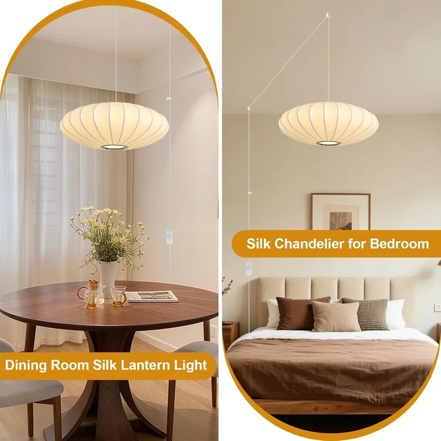 Alt view image 3 of 7 - 20in Plug in Pendant Light Lantern, White Imitation Silk 3-Light